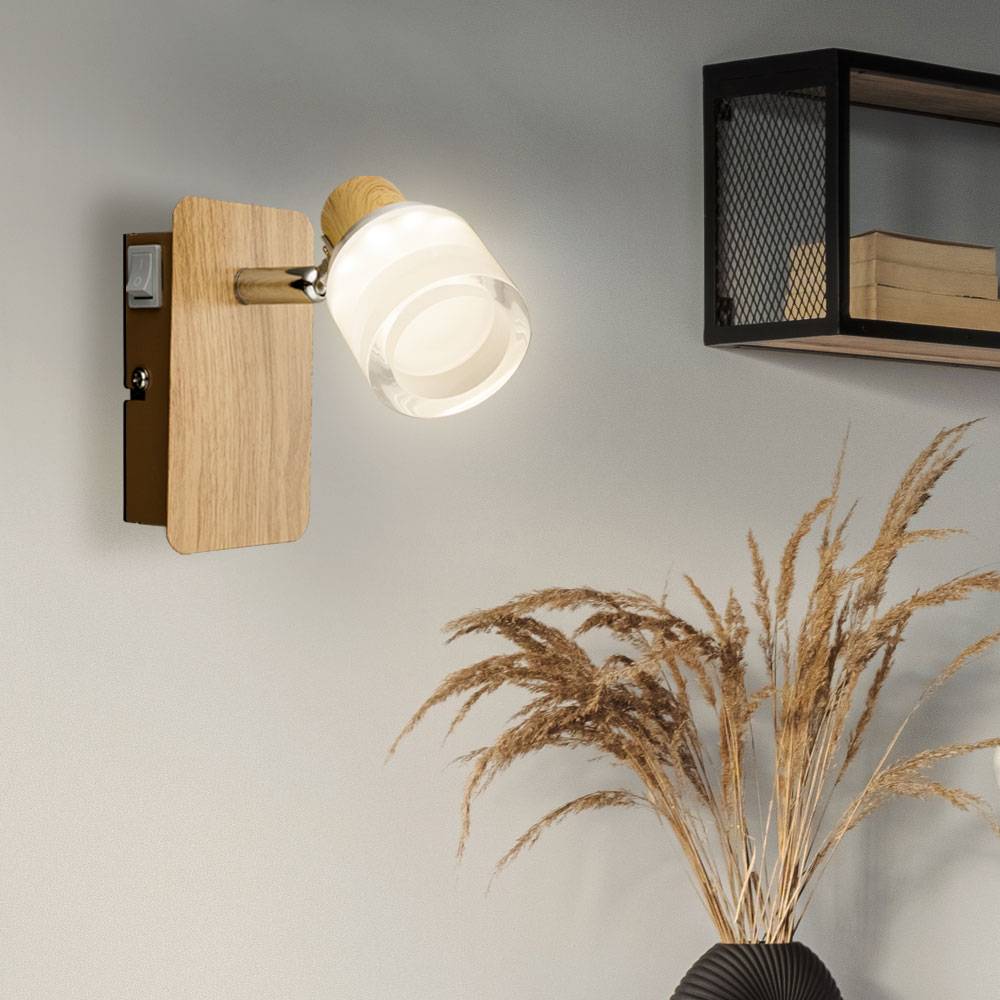 LED Wandleuchte Innen Wandlampe Holz Chrom Lampe Acryl opal, beweglicher Spot, 1x 5W 380lm 3000K, HxBxT 12x7x11,5 cm