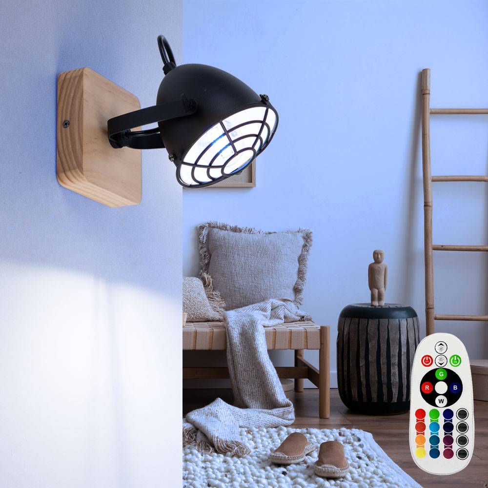 LED Wandleuchte Wohnzimmerleuchte Wandlampe Esszimmerlampe Industriell, Metall schwarz Holz Natur Gitteroptik, Fernbedienung dimmbar RGB E14 Spot