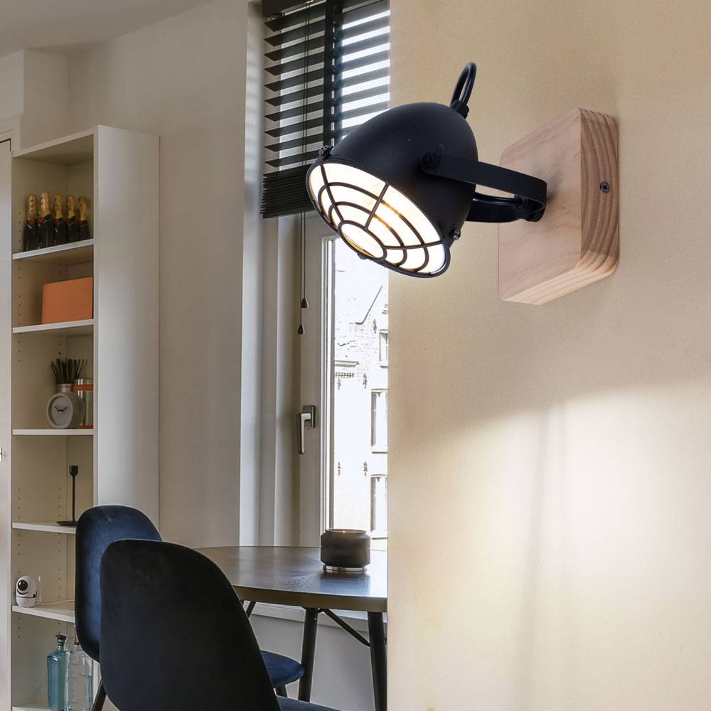 LED Wandleuchte Wohnzimmerleuchte Wandlampe Esszimmerlampe Industriell, Metall schwarz Holz Natur Gitteroptik, Fernbedienung dimmbar RGB E14 Spot