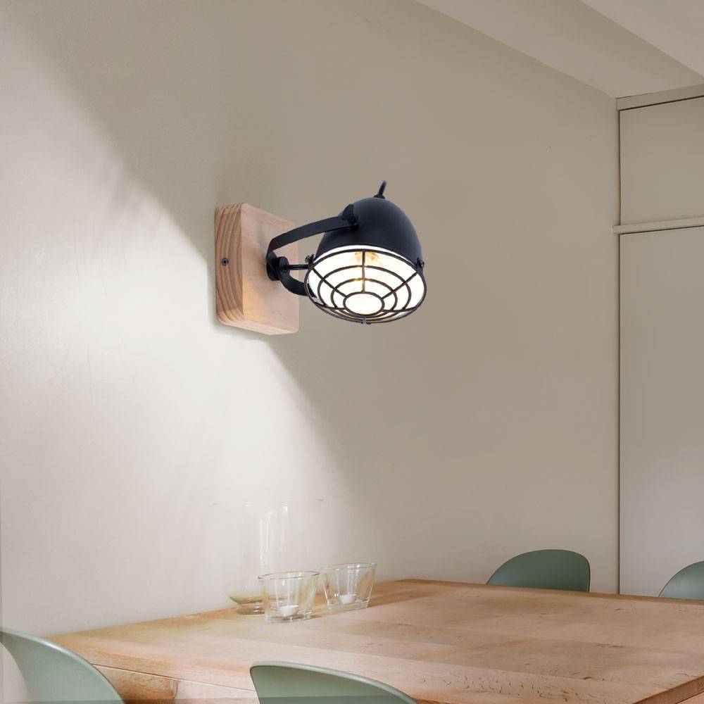 LED Wandleuchte Wohnzimmerleuchte Wandlampe Esszimmerlampe Industriell, Metall schwarz Holz Natur Gitteroptik, Fernbedienung dimmbar RGB E14 Spot