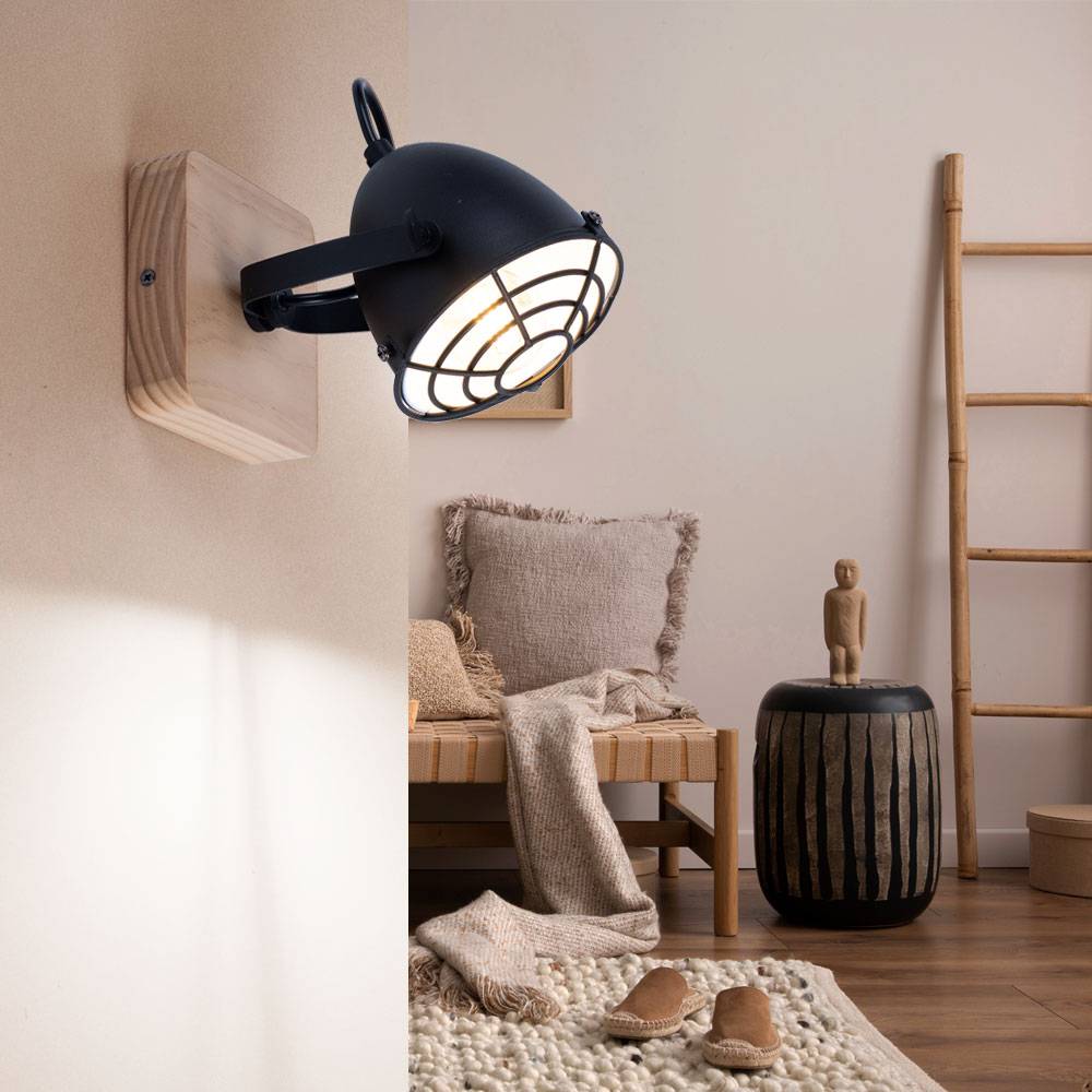 LED Wandleuchte Wohnzimmerleuchte Wandlampe Esszimmerlampe Industriell, Metall schwarz Holz Natur Gitteroptik, Fernbedienung dimmbar RGB E14 Spot