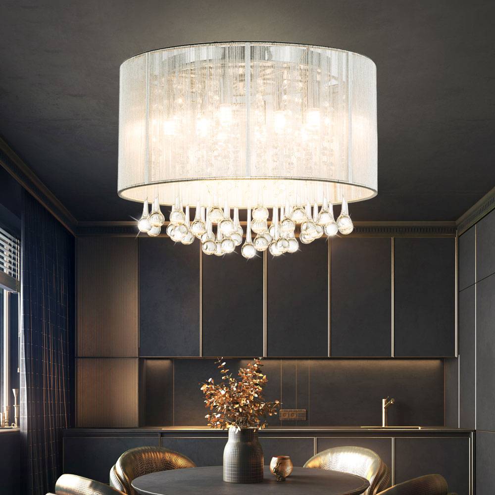 Deckenleuchte Glaskristalle Deckenlampe Wohnzimmerlampe rund silber chrom mit Glaskristallen, Metall Seide, verchromt, 8x G9 LED 8x 280 lm 3000