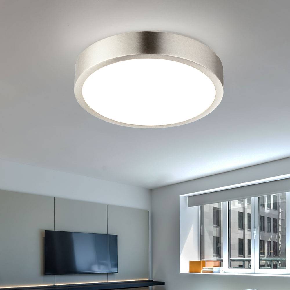 Deckenlampe modern Wohnzimmer Deckenleuchte nickel, LED Schlafzimmerlampe dimmbar, Alu Acryl, 1x LED 15W 1100lm 4000K neutralweiß, DxH 14,5x2,6 cm