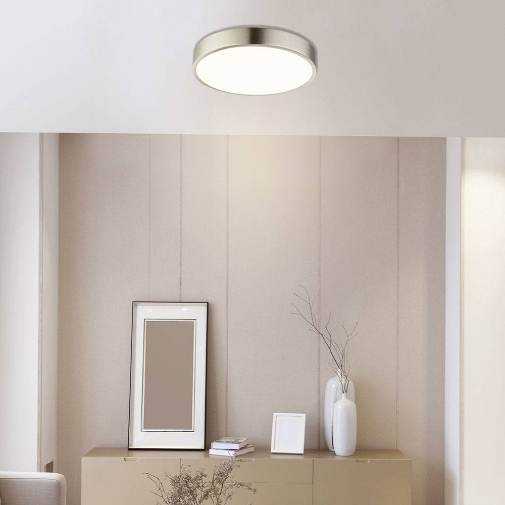 Deckenlampe modern Wohnzimmer Deckenleuchte nickel, LED Schlafzimmerlampe dimmbar, Alu Acryl, 1x LED 15W 1100lm 4000K neutralweiß, DxH 14,5x2,6 cm