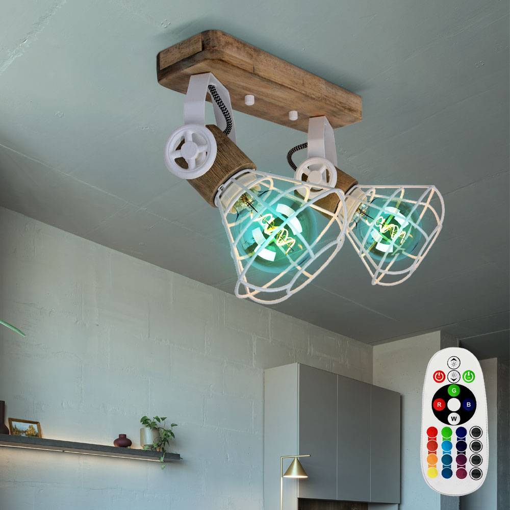 Deckenleuchte Holz Deckenlampe schwenkbar Wandleuchte Industriell, Metall weiß, Fernbedienung dimmbar, 2x RGB LED 4,8W 470Lm warmweiß, LxBxH 27x14x2
