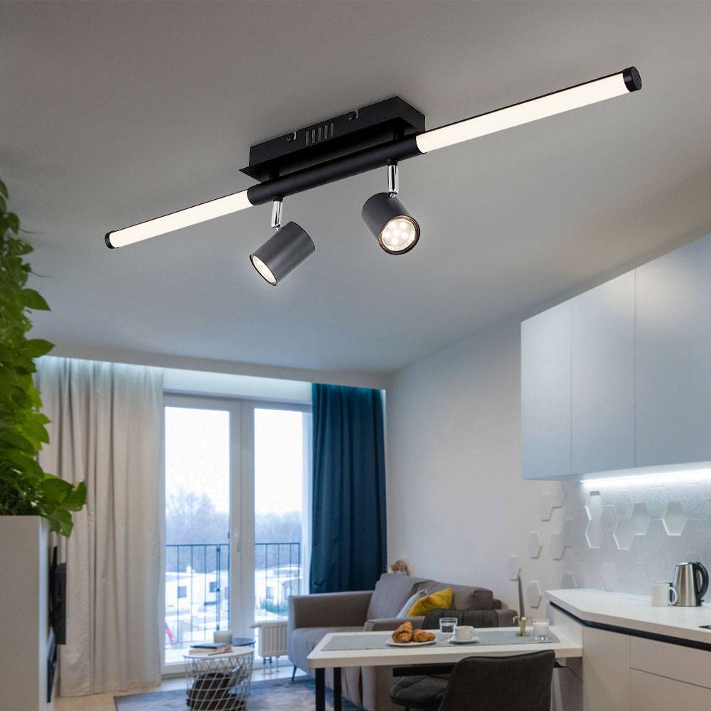 Deckenleuchte mit schwenkbaren Strahlern Spotleuchte schwarz Deckenlampe Wohnzimmerleuchte, graphit opal, 2x GU10, 1x LED 10W 690Lm warmweiß, L 80,4