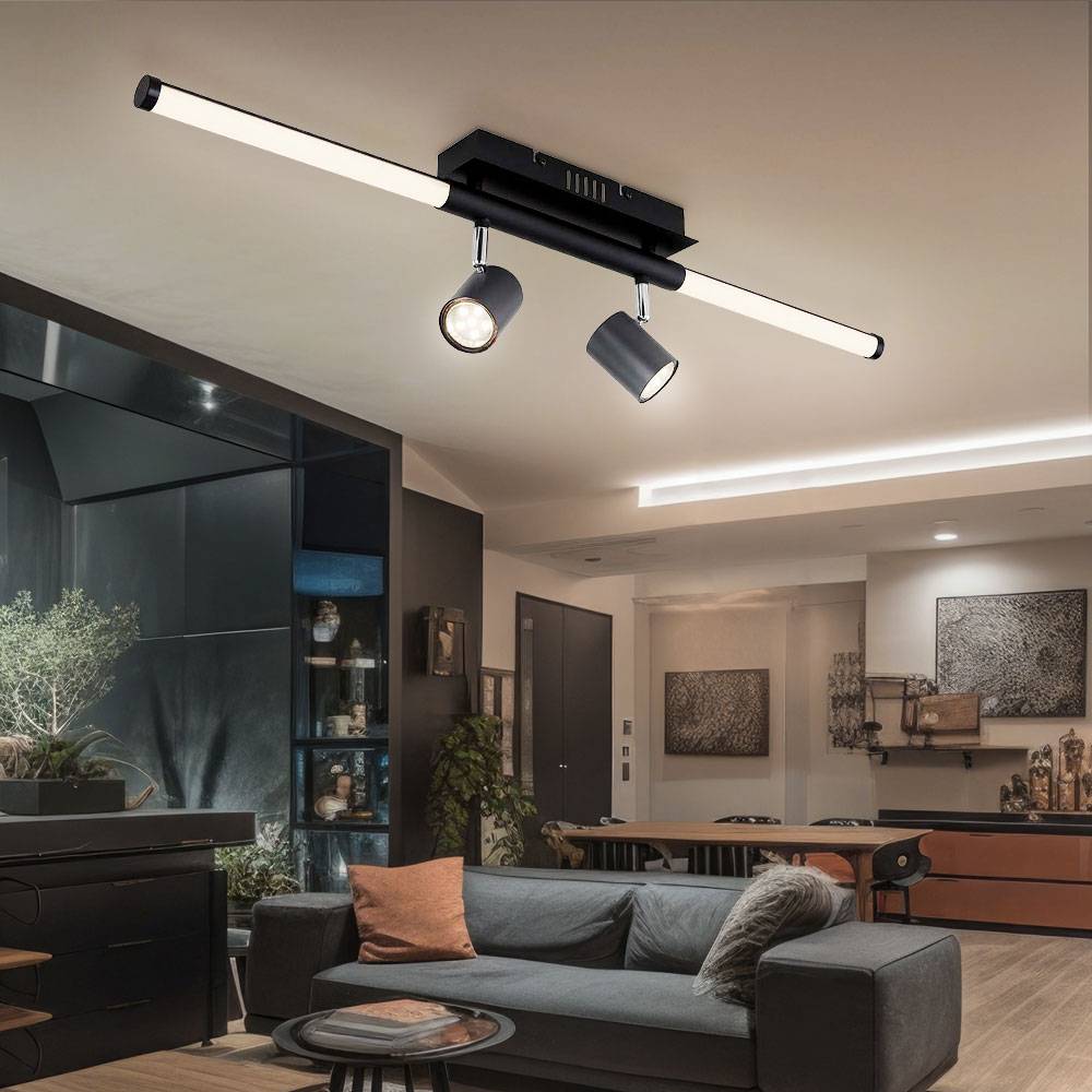 Deckenleuchte mit schwenkbaren Strahlern Spotleuchte schwarz Deckenlampe Wohnzimmerleuchte, graphit opal, 2x GU10, 1x LED 10W 690Lm warmweiß, L 80,4