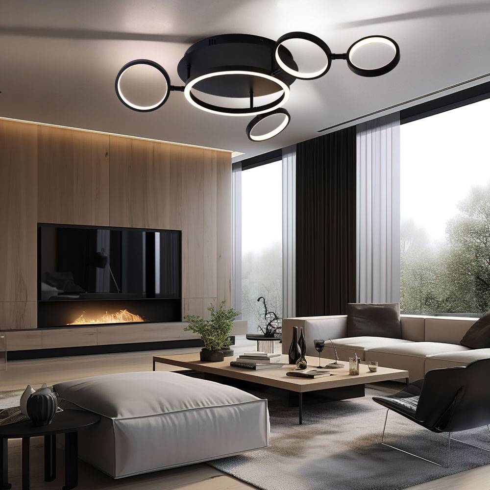 Deckenlampe schwarz LED Wohnzimmerleuchte Designlampe Deckenleuchte Ringe verstellbar, Metall schwarz matt, 29W 1360lm warmweiß, LxH 79 x 11,5 cm