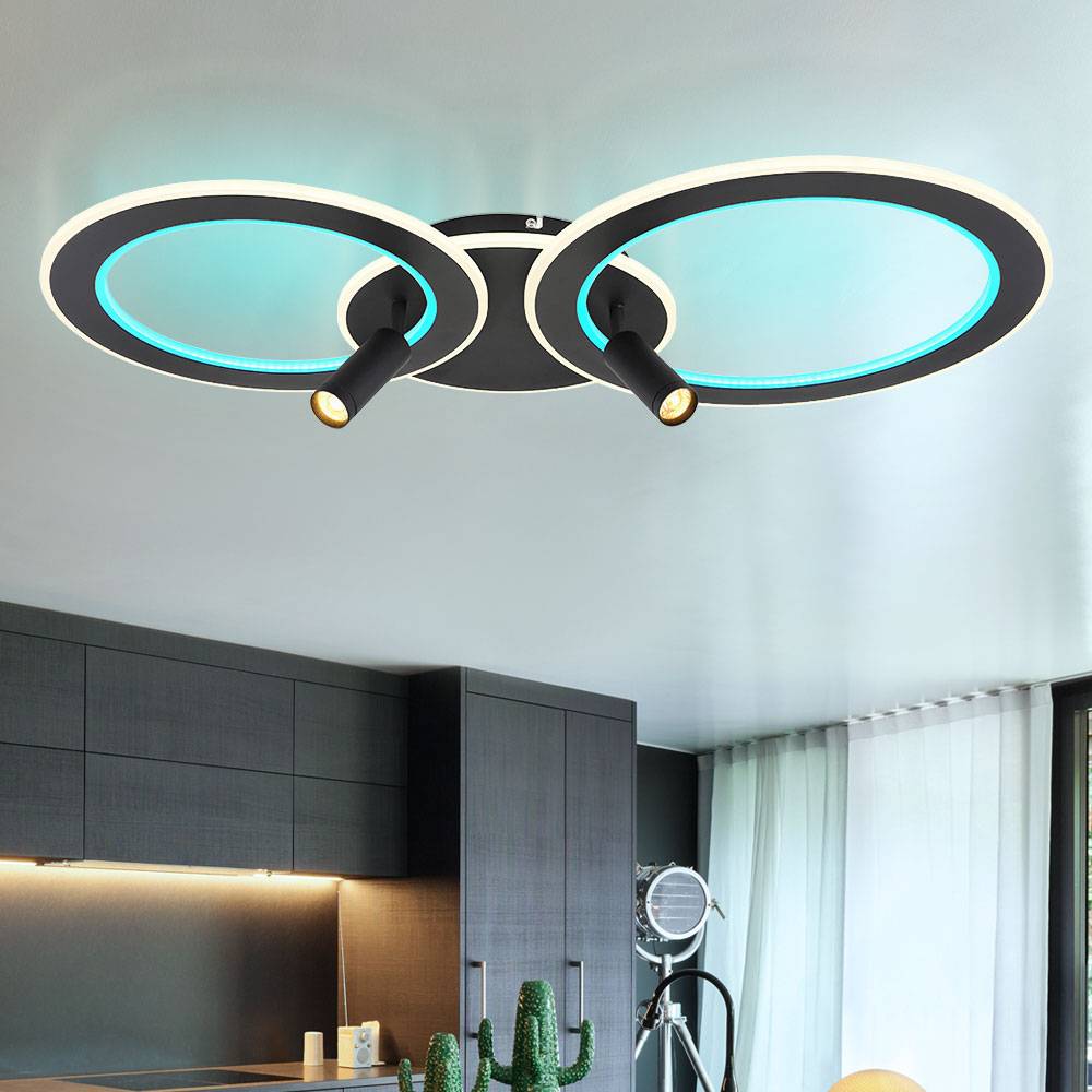 LED Deckenleuchte Deckenlampe Wohnzimmerleuchte Esszimmerlampe, Metall schwarz Acryl, dimmbar Fernbedienung RGB CCT Spots beweglich, 60W 2579Lm