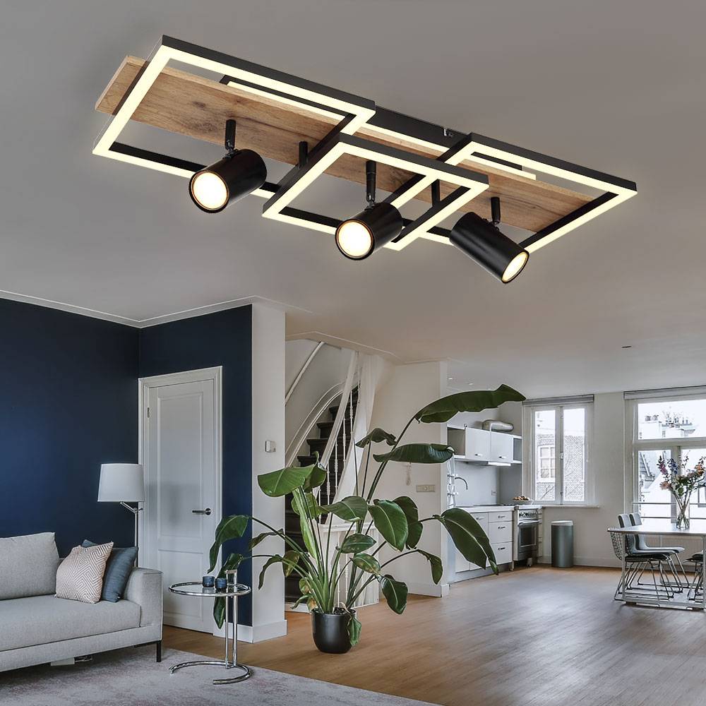 Deckenlampe schwarz Schlafzimmerlampe modern Deckenstrahler 3-flammig GU10, LED Holzoptik Memory, Metall, LED 48W 2300lm 3000K, LxBxH 72x27x18cm