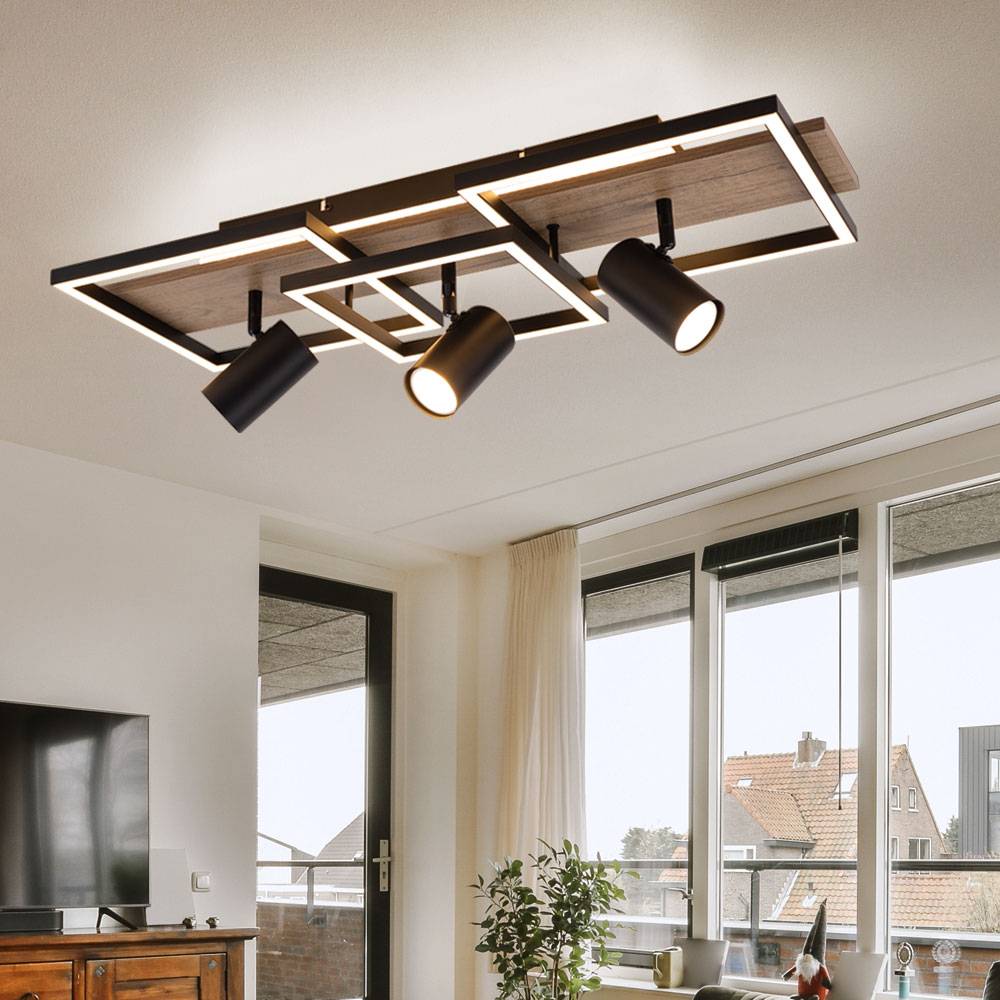 Deckenlampe schwarz Schlafzimmerlampe modern Deckenstrahler 3-flammig GU10, LED Holzoptik Memory, Metall, LED 48W 2300lm 3000K, LxBxH 72x27x18cm
