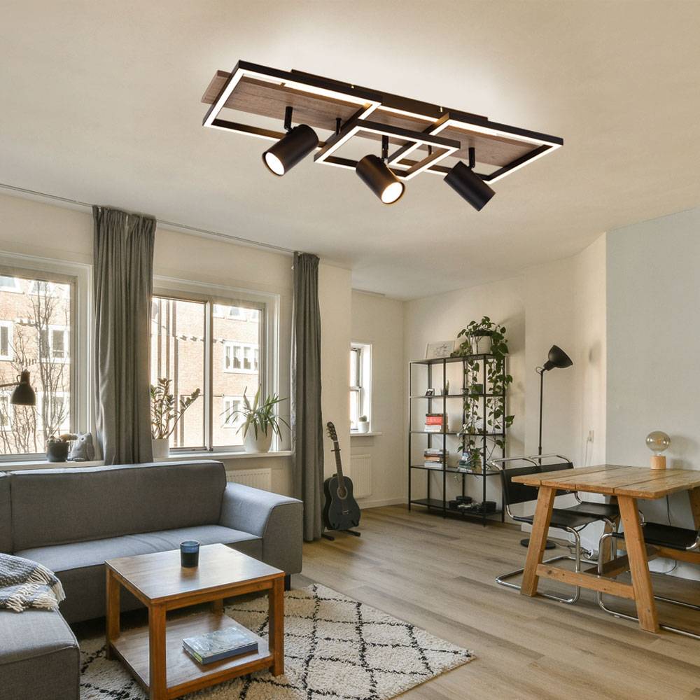 Deckenlampe schwarz Schlafzimmerlampe modern Deckenstrahler 3-flammig GU10, LED Holzoptik Memory, Metall, LED 48W 2300lm 3000K, LxBxH 72x27x18cm