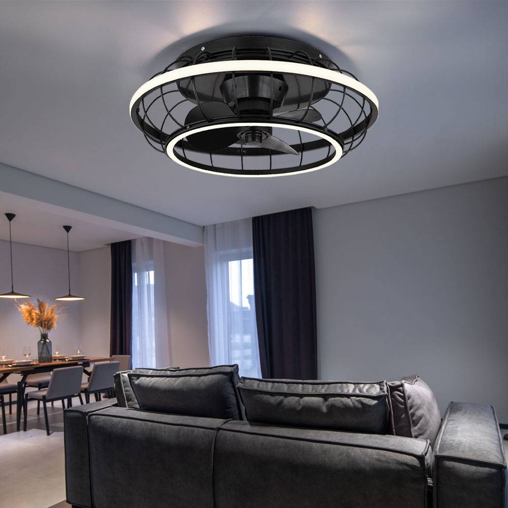 Deckenventilator schwarz Deckenlampe modern Wohnzimmerleuchte dimmbar, LED Ringe Fernbedienung CCT Timer, LED 30W 1300lm 2700-6500K, DxH 50x18 cm