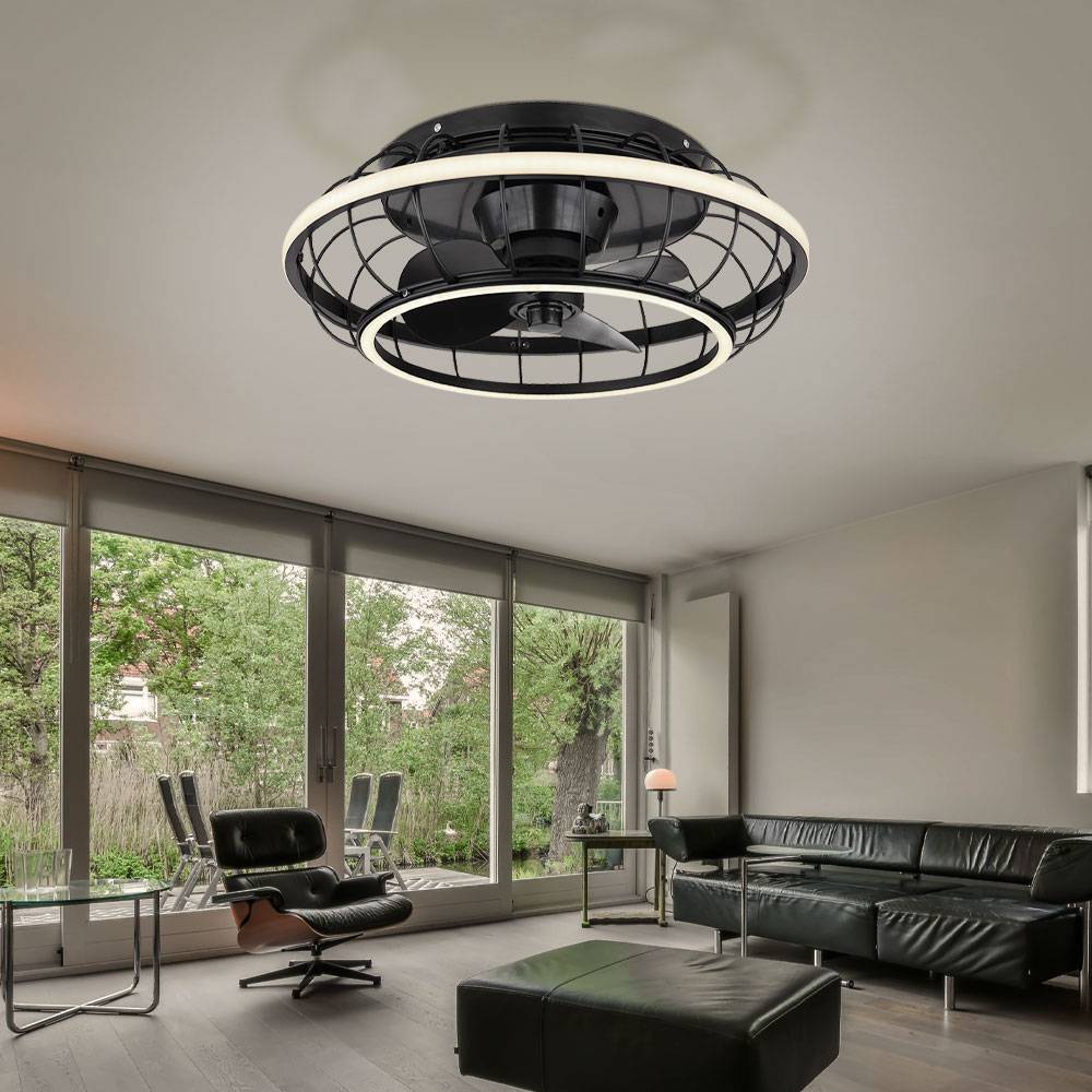 Deckenventilator schwarz Deckenlampe modern Wohnzimmerleuchte dimmbar, LED Ringe Fernbedienung CCT Timer, LED 30W 1300lm 2700-6500K, DxH 50x18 cm