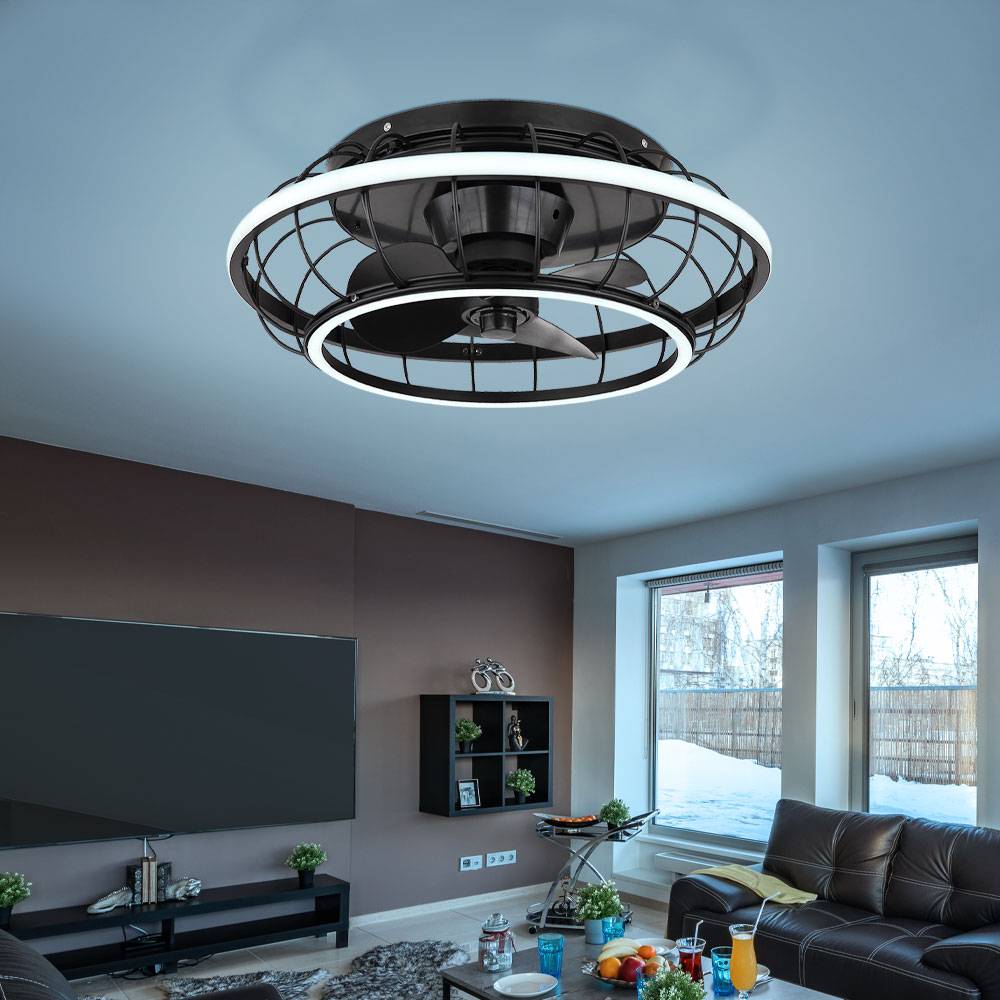 Deckenventilator schwarz Deckenlampe modern Wohnzimmerleuchte dimmbar, LED Ringe Fernbedienung CCT Timer, LED 30W 1300lm 2700-6500K, DxH 50x18 cm