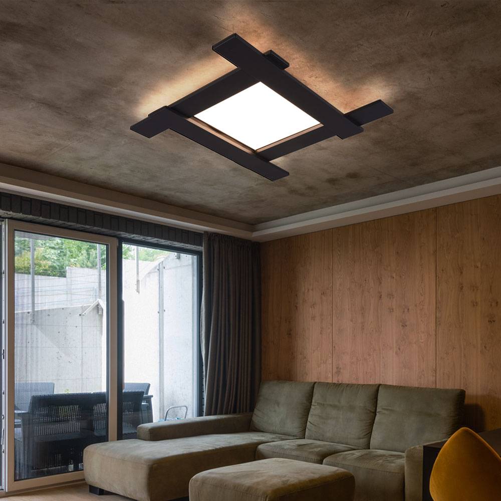 Deckenleuchte mit Hintergrundbeleuchtung Deckenlampe Modern schwarz Wohnzimmerlampe Decke, Metall, LED 1x18W 4x3,5W warmweiß, LxBxH 59x59x6 cm