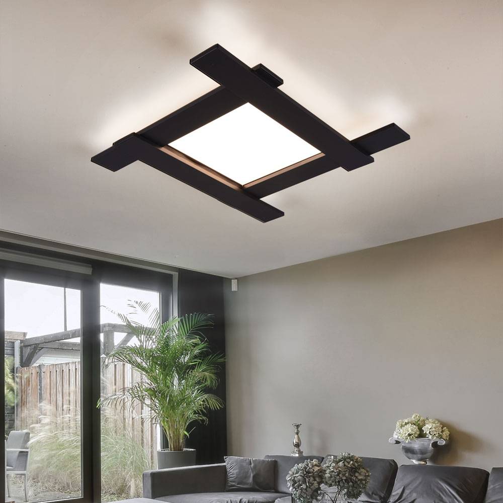 Deckenleuchte mit Hintergrundbeleuchtung Deckenlampe Modern schwarz Wohnzimmerlampe Decke, Metall, LED 1x18W 4x3,5W warmweiß, LxBxH 59x59x6 cm