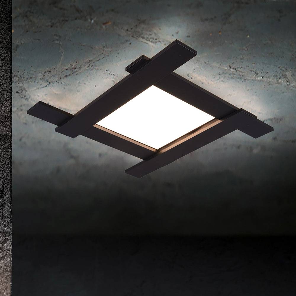 Deckenleuchte mit Hintergrundbeleuchtung Deckenlampe Modern schwarz Wohnzimmerlampe Decke, Metall, LED 1x18W 4x3,5W warmweiß, LxBxH 59x59x6 cm