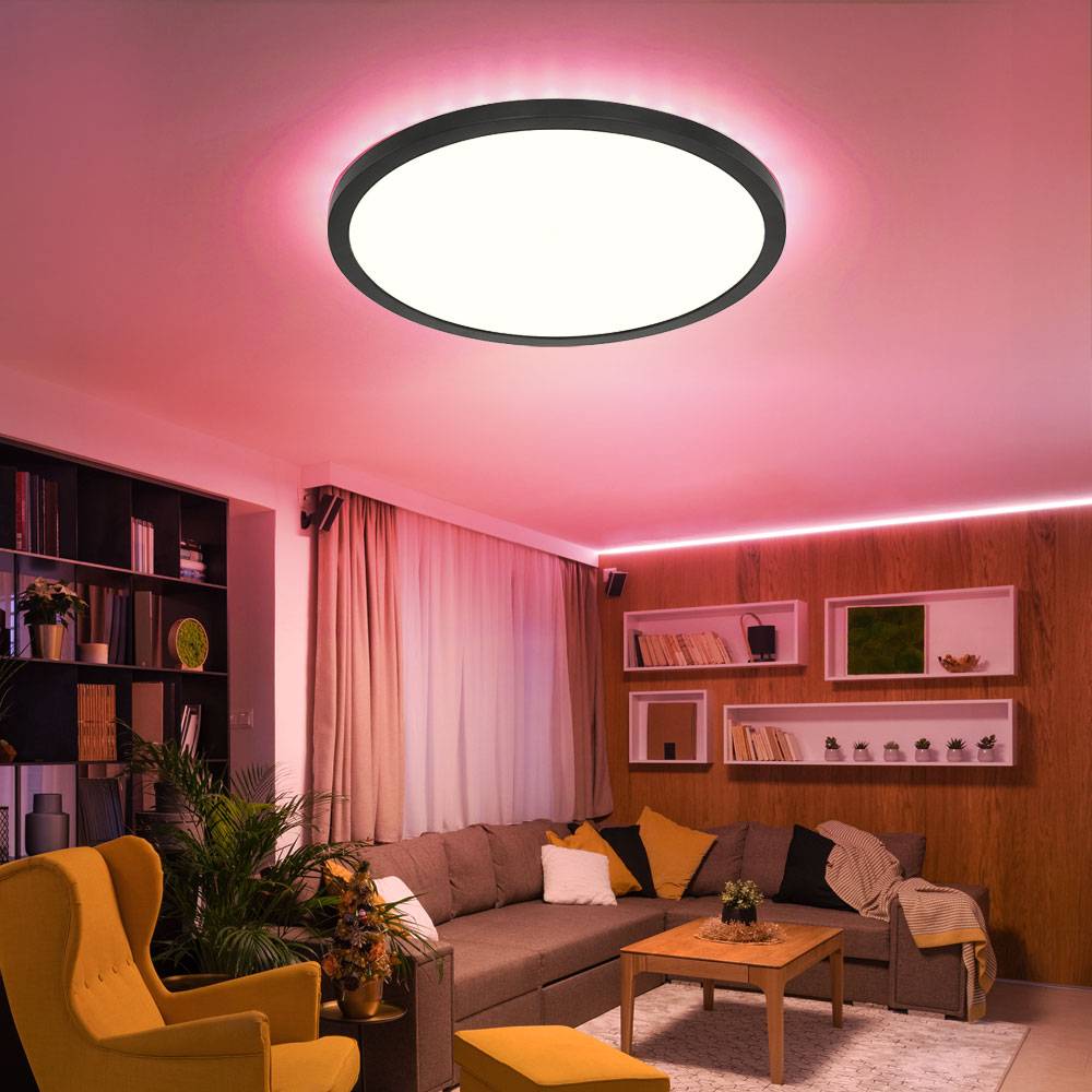 LED Deckenleuchte Badezimmerlampe Schlafzimmerlampe Wohnzimmerleuchte, Kunststoff weiß schwarz, Fernbedienung dimmbar RGB Farbwechsel Backlight