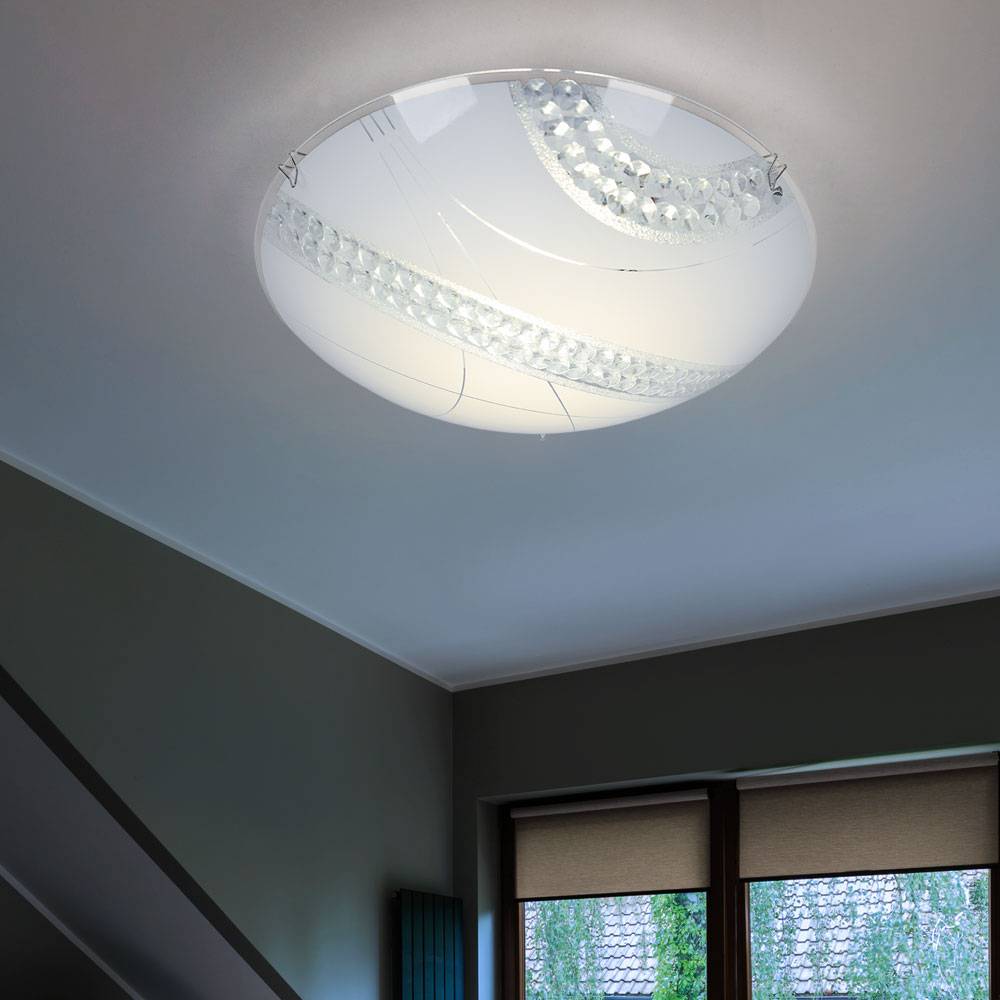 Kristalllampen Decke Glasbeleuchtung Kristall Lampe Deckenlampe, Glas satiniert Metall weiß, 1x LED 12W 1200Lm neutralweiß, DxH 30x9,8 cm