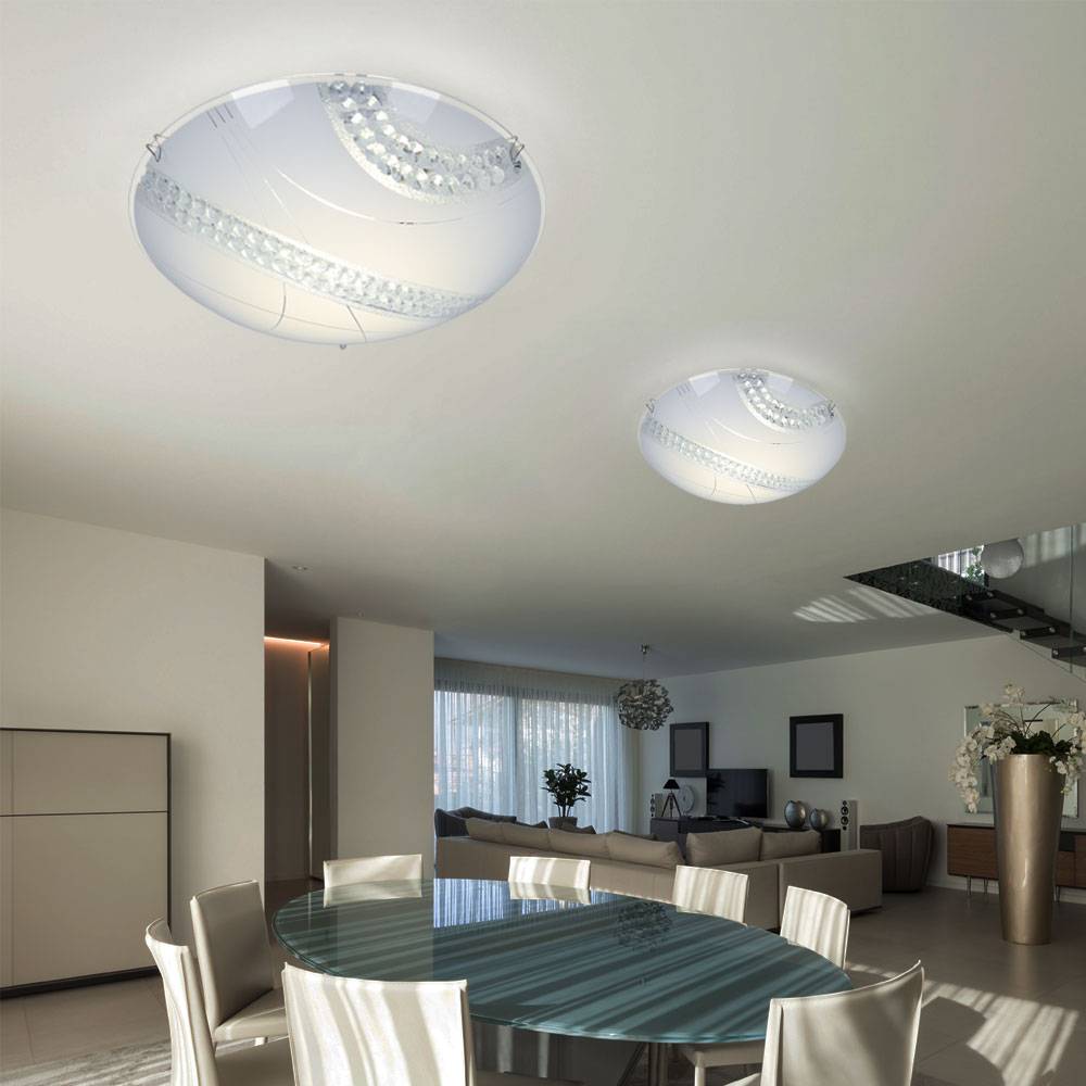 Kristalllampen Decke Glasbeleuchtung Kristall Lampe Deckenlampe, Glas satiniert Metall weiß, 1x LED 12W 1200Lm neutralweiß, DxH 30x9,8 cm