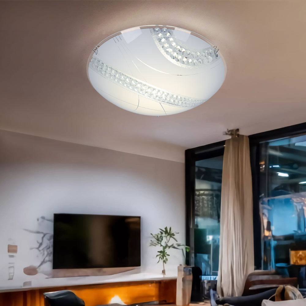 Kristalllampen Decke Glasbeleuchtung Kristall Lampe Deckenlampe, Glas satiniert Metall weiß, 1x LED 12W 1200Lm neutralweiß, DxH 30x9,8 cm