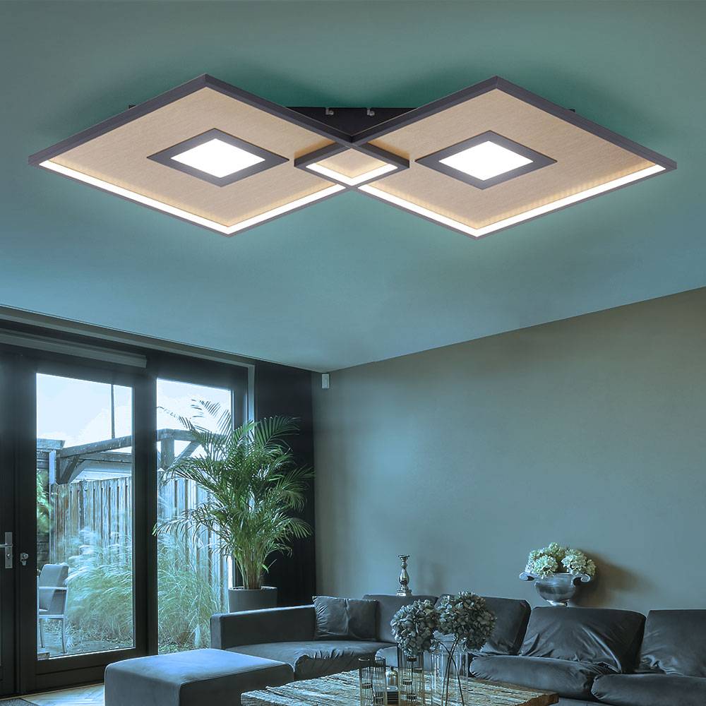 Deckenlampe Schlafzimmerleuchte schwarz Wohnzimmer Fernbedienung dimmbar, LED CCT Memory, Metall gold, LED 50W 1350lm 2700-5000K, LxBxH 96x56,6x6 cm