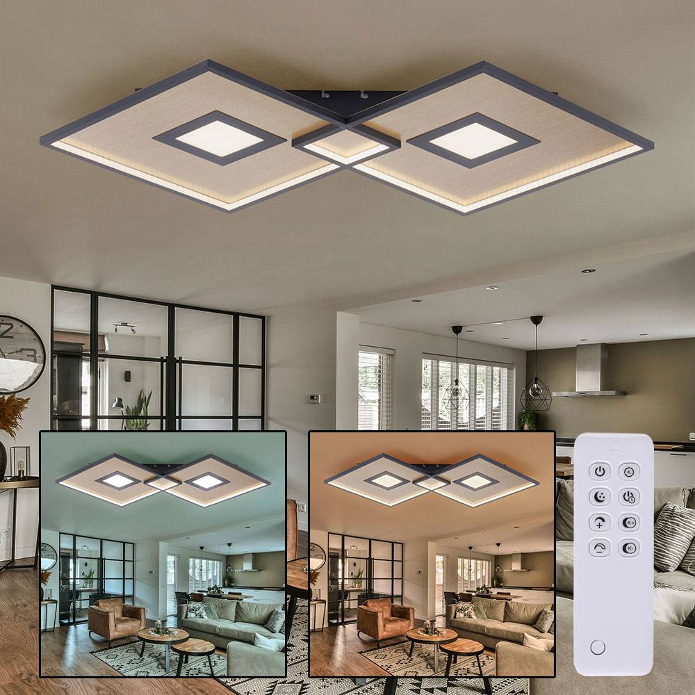 Deckenlampe Schlafzimmerleuchte schwarz Wohnzimmer Fernbedienung dimmbar, LED CCT Memory, Metall gold, LED 50W 1350lm 2700-5000K, LxBxH 96x56,6x6 cm