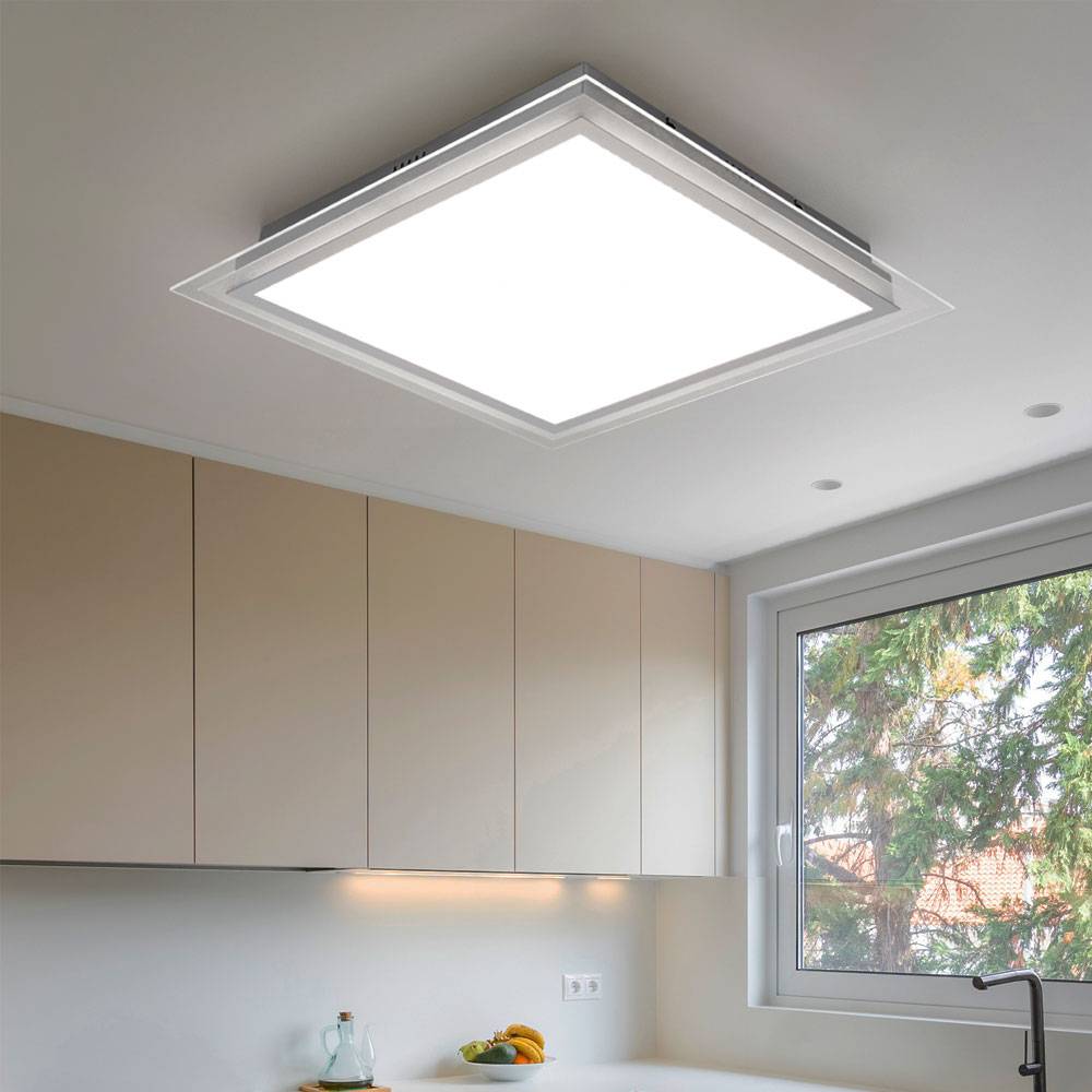 Deckenlampe dimmbar Wohnzimmerlampe modern LED Schlafzimmer, Acrylscheibe Glasschirm, Alu chrom, LED 45W 3150lm 3000K warmweiß, LxBxH 44,5x44,5x8 cm