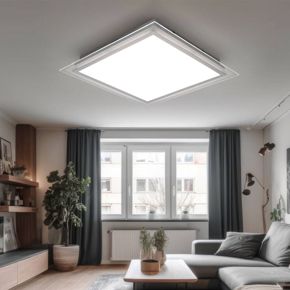 Deckenlampe dimmbar Wohnzimmerlampe modern LED Schlafzimmer, Acrylscheibe Glasschirm, Alu chrom, LED 45W 3150lm 3000K warmweiß, LxBxH 44,5x44,5x8 cm