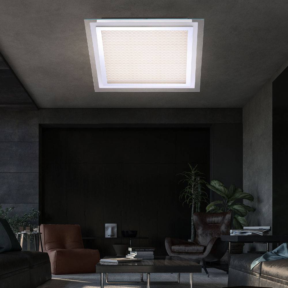 Deckenlampe dimmbar Wohnzimmerlampe modern LED Schlafzimmer, Acrylscheibe Glasschirm, Alu chrom, LED 45W 3150lm 3000K warmweiß, LxBxH 44,5x44,5x8 cm