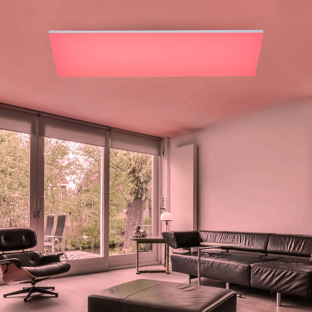 Deckenlampe dimmbar Schlafzimmerleuchte silber LED Wohnzimmer Fernbedienung, Memoryfunktion, RGB LED 28W 2600lm 3000K warmweiß, LxBxH 60x30x7 cm