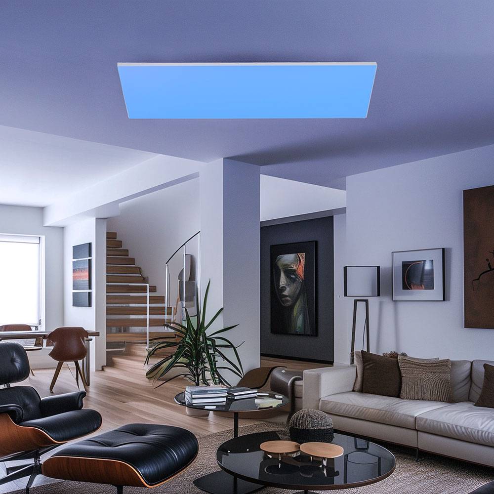 Deckenlampe dimmbar Schlafzimmerleuchte silber LED Wohnzimmer Fernbedienung, Memoryfunktion, RGB LED 28W 2600lm 3000K warmweiß, LxBxH 60x30x7 cm