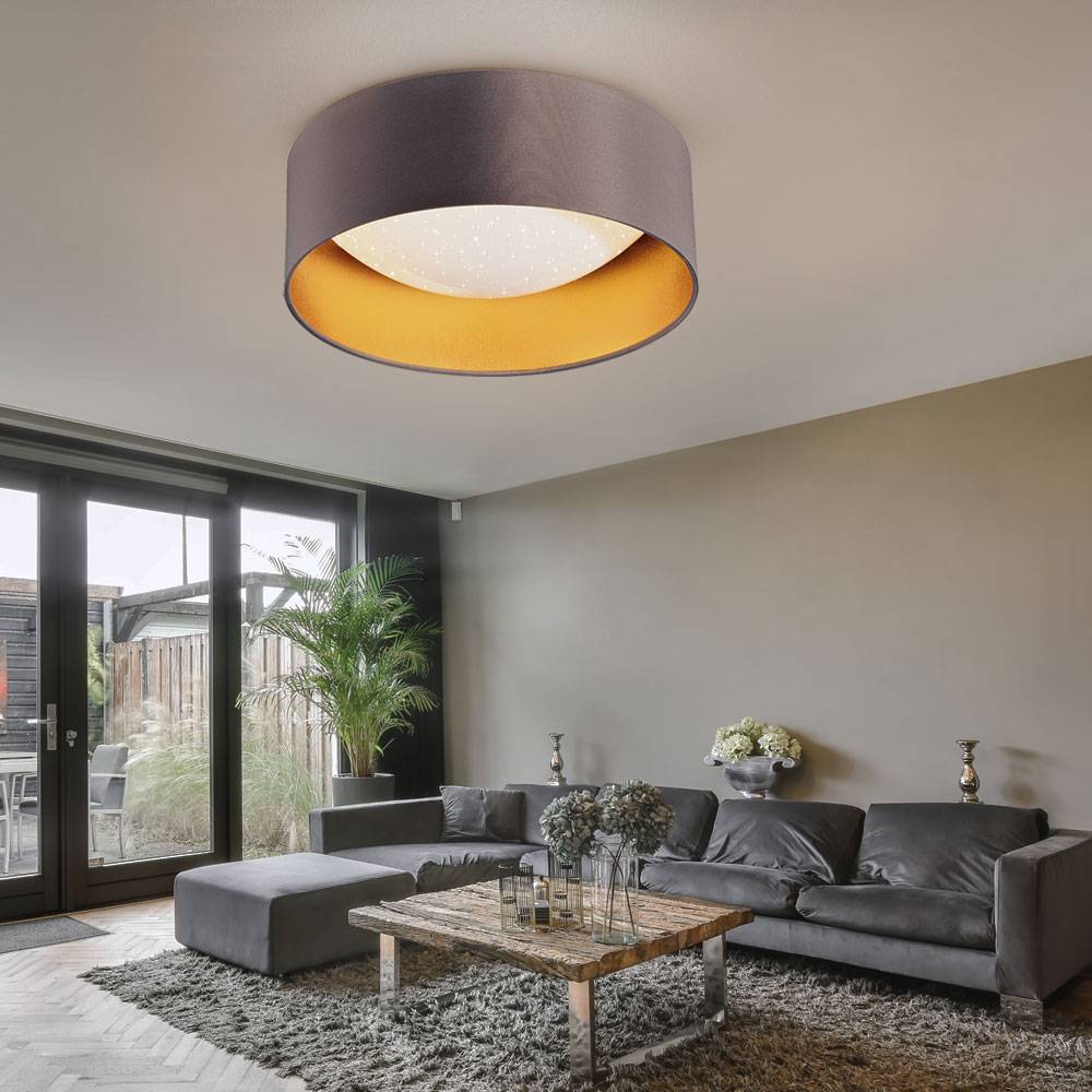 LED Deckenleuchte Sterneneffekt Wohnzimmerlampe Textilschirm taupe gold Deckenlampe Modern, weiß rund, 12W 1300Lm neutralweiß, DxH 32x11 cm