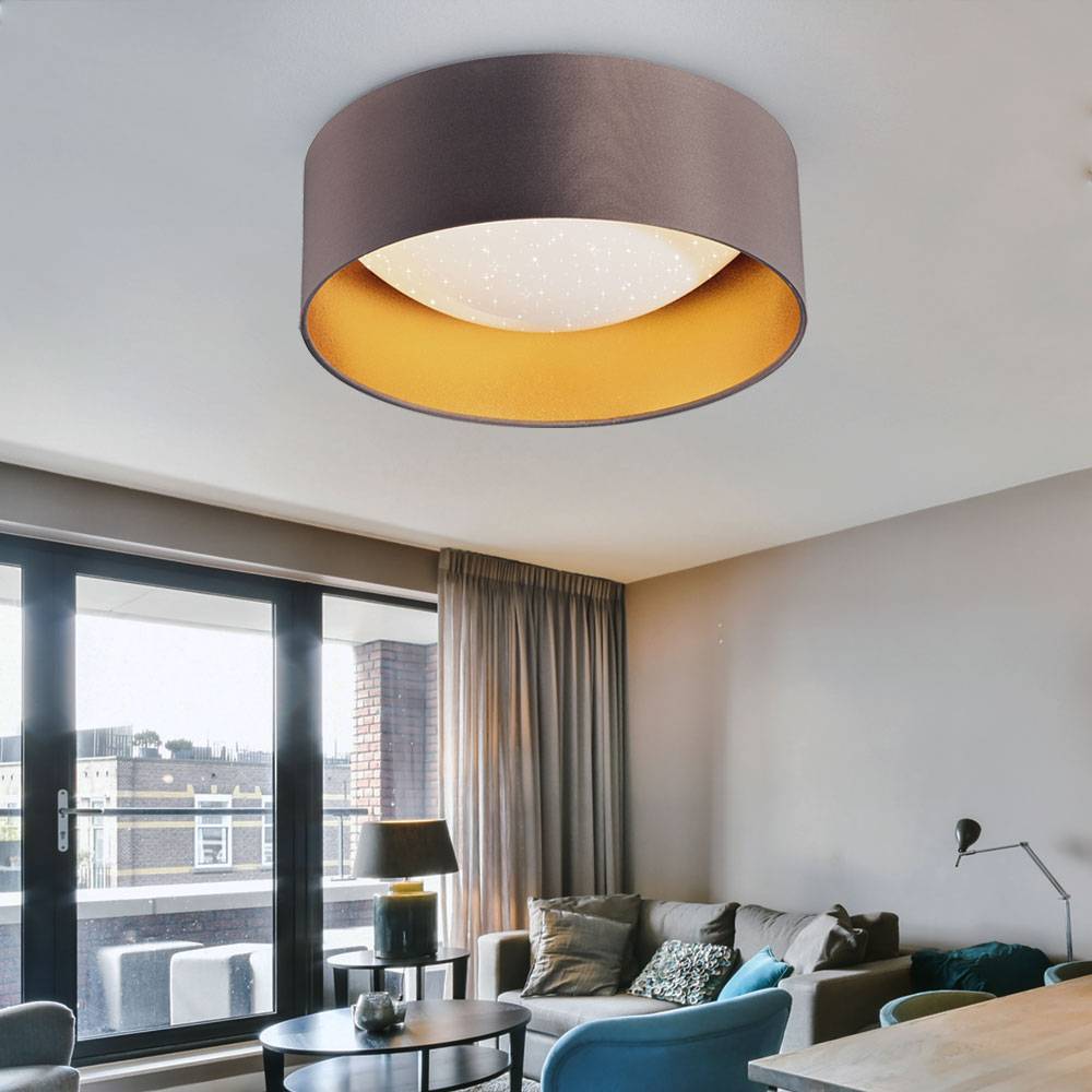 LED Deckenleuchte Sterneneffekt Wohnzimmerlampe Textilschirm taupe gold Deckenlampe Modern, weiß rund, 12W 1300Lm neutralweiß, DxH 32x11 cm