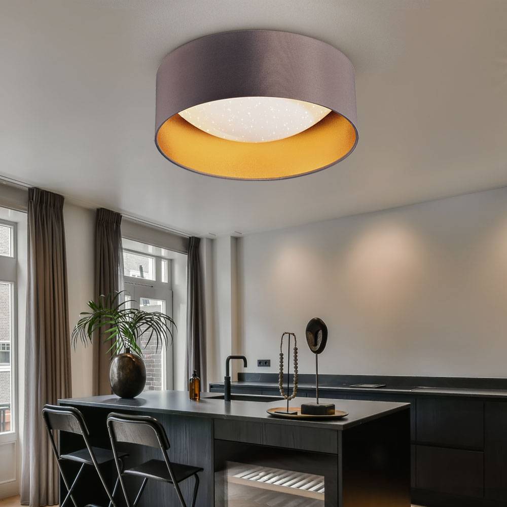 LED Deckenleuchte Sterneneffekt Wohnzimmerlampe Textilschirm taupe gold Deckenlampe Modern, weiß rund, 12W 1300Lm neutralweiß, DxH 32x11 cm