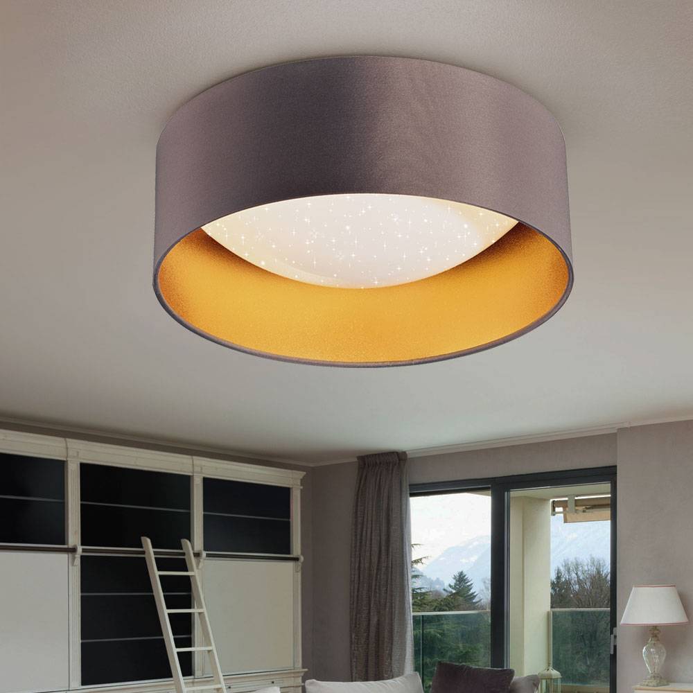 LED Deckenleuchte Sterneneffekt Wohnzimmerlampe Textilschirm taupe gold Deckenlampe Modern, weiß rund, 12W 1300Lm neutralweiß, DxH 32x11 cm