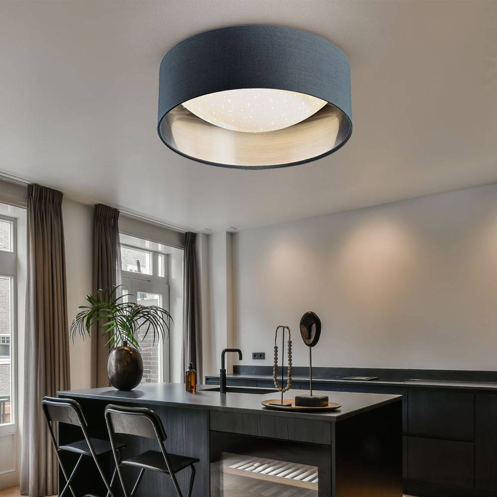 LED Deckenleuchte Sterneneffekt Wohnzimmerlampe Textilschirm grau silber Deckenlampe Modern, weiß rund, 12W 1300Lm neutralweiß, DxH 32x11 cm