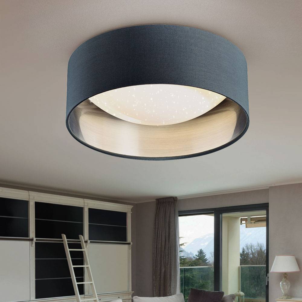 LED Deckenleuchte Sterneneffekt Wohnzimmerlampe Textilschirm grau silber Deckenlampe Modern, weiß rund, 12W 1300Lm neutralweiß, DxH 32x11 cm
