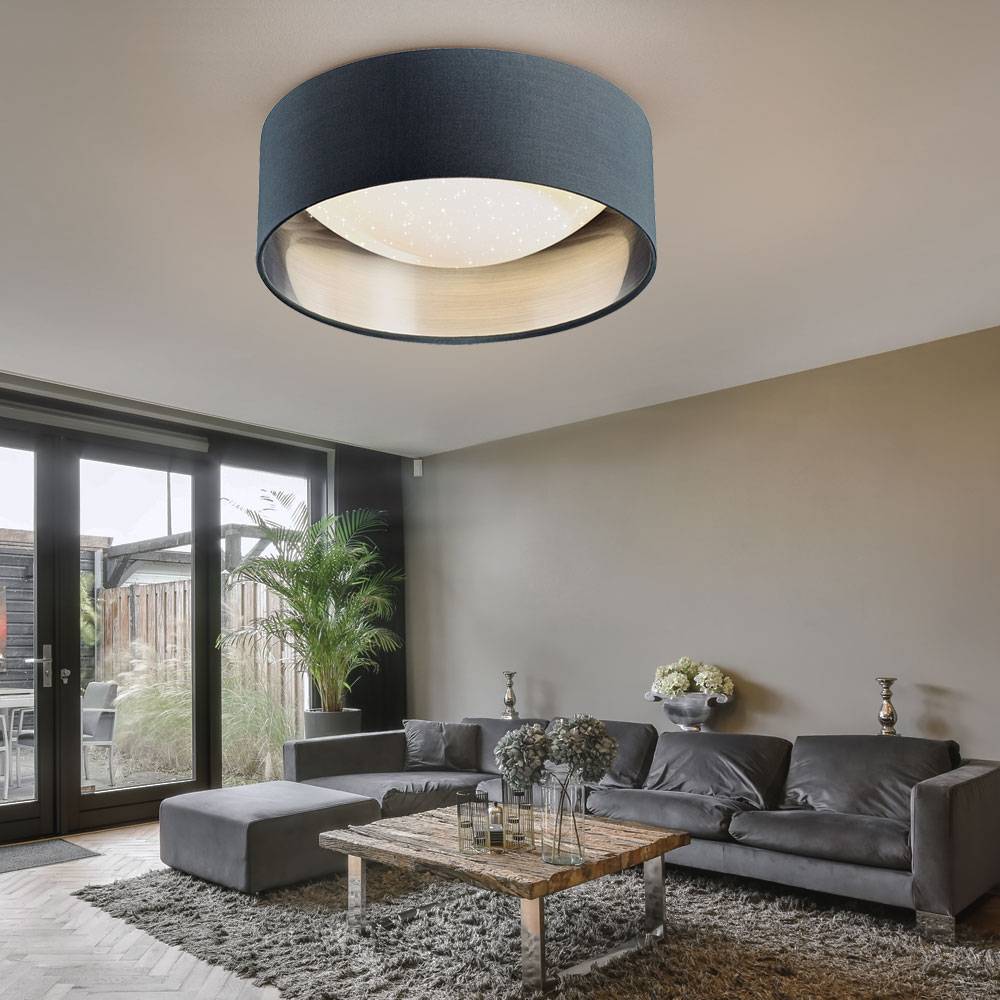 LED Deckenleuchte Sterneneffekt Wohnzimmerlampe Textilschirm grau silber Deckenlampe Modern, weiß rund, 12W 1300Lm neutralweiß, DxH 32x11 cm