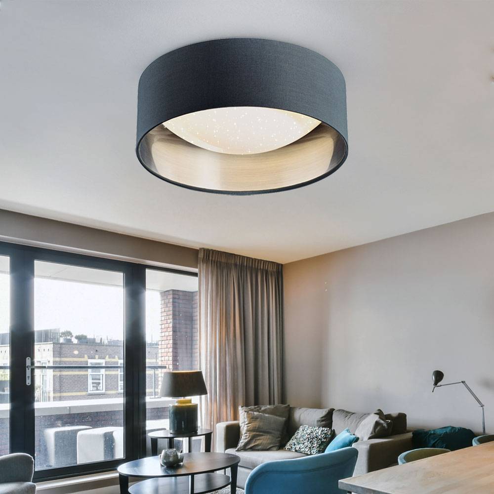 LED Deckenleuchte Sterneneffekt Wohnzimmerlampe Textilschirm grau silber Deckenlampe Modern, weiß rund, 12W 1300Lm neutralweiß, DxH 32x11 cm