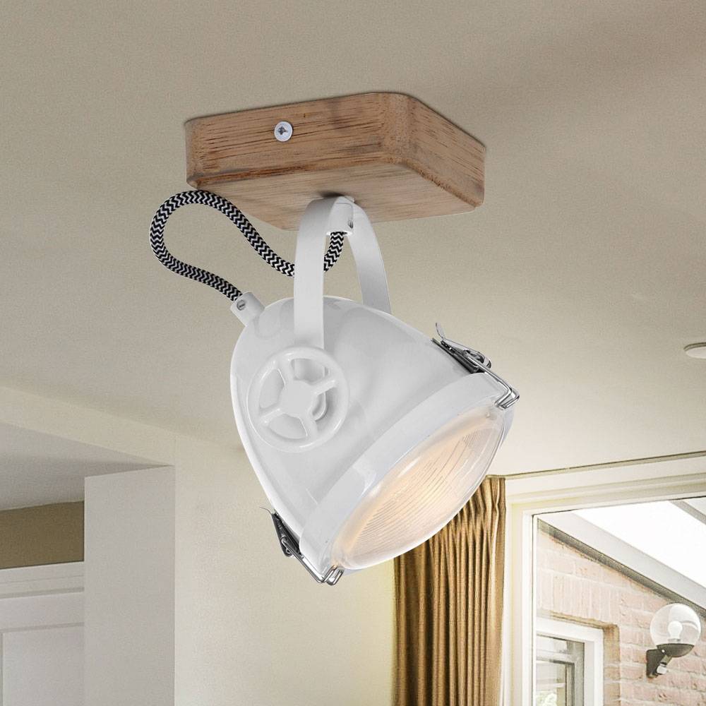 Deckenleuchte Strahler schwenkbar Deckenlampe Holz Spot Strahler 1-Flammig weiß, Eiche Metall, LED 7W 480Lm warmweiß, LxBxH 11x11x18 cm