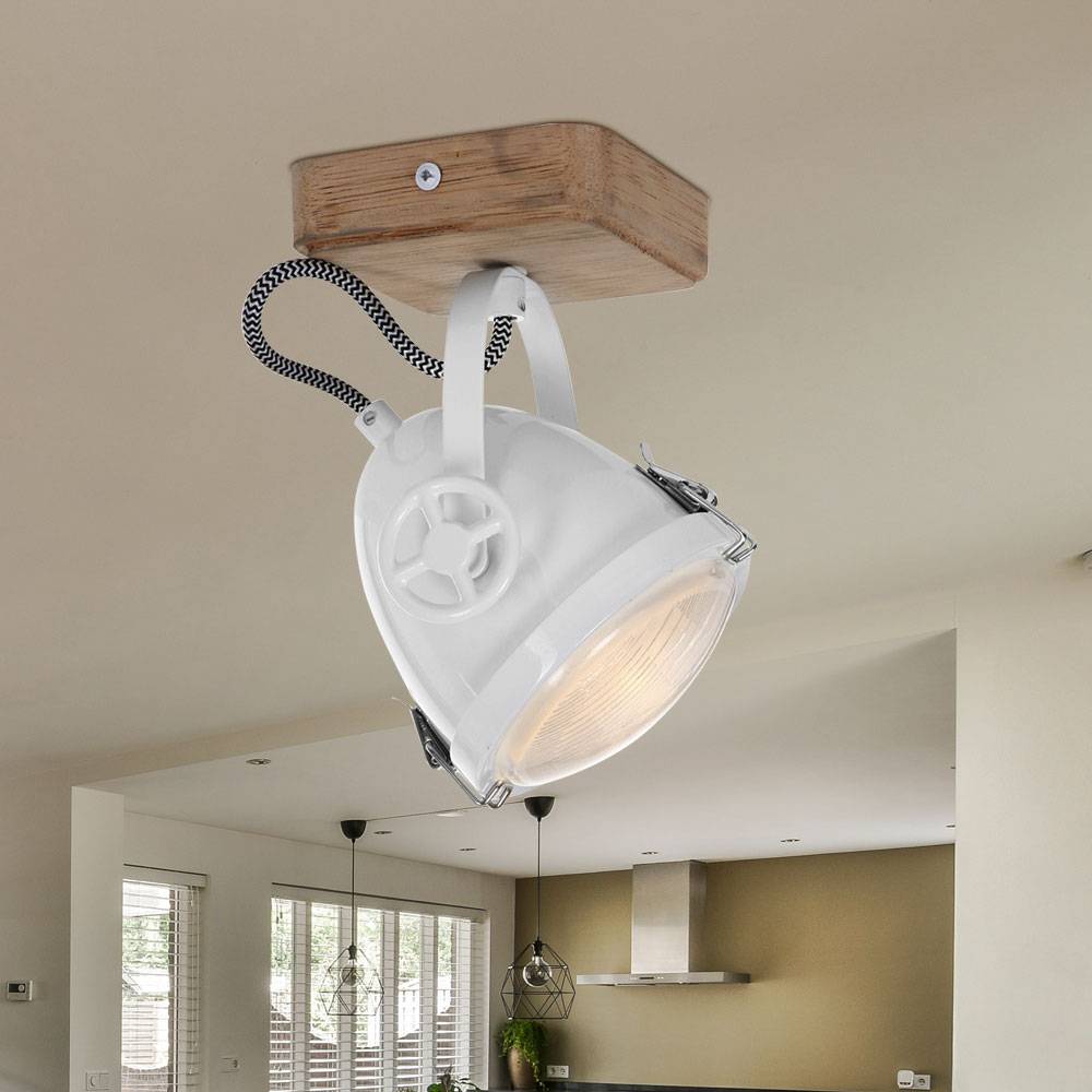 Deckenleuchte Strahler schwenkbar Deckenlampe Holz Spot Strahler 1-Flammig weiß, Eiche Metall, LED 7W 480Lm warmweiß, LxBxH 11x11x18 cm