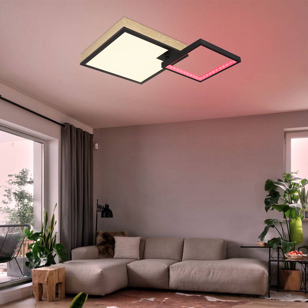 Deckenlampe Deckenleuchte Designleuchte Holzlampe Wohnzimmerleuchte, Rainboweffekt dimmbar Fernbedienung beweglich CCT, LED 21W 1000L