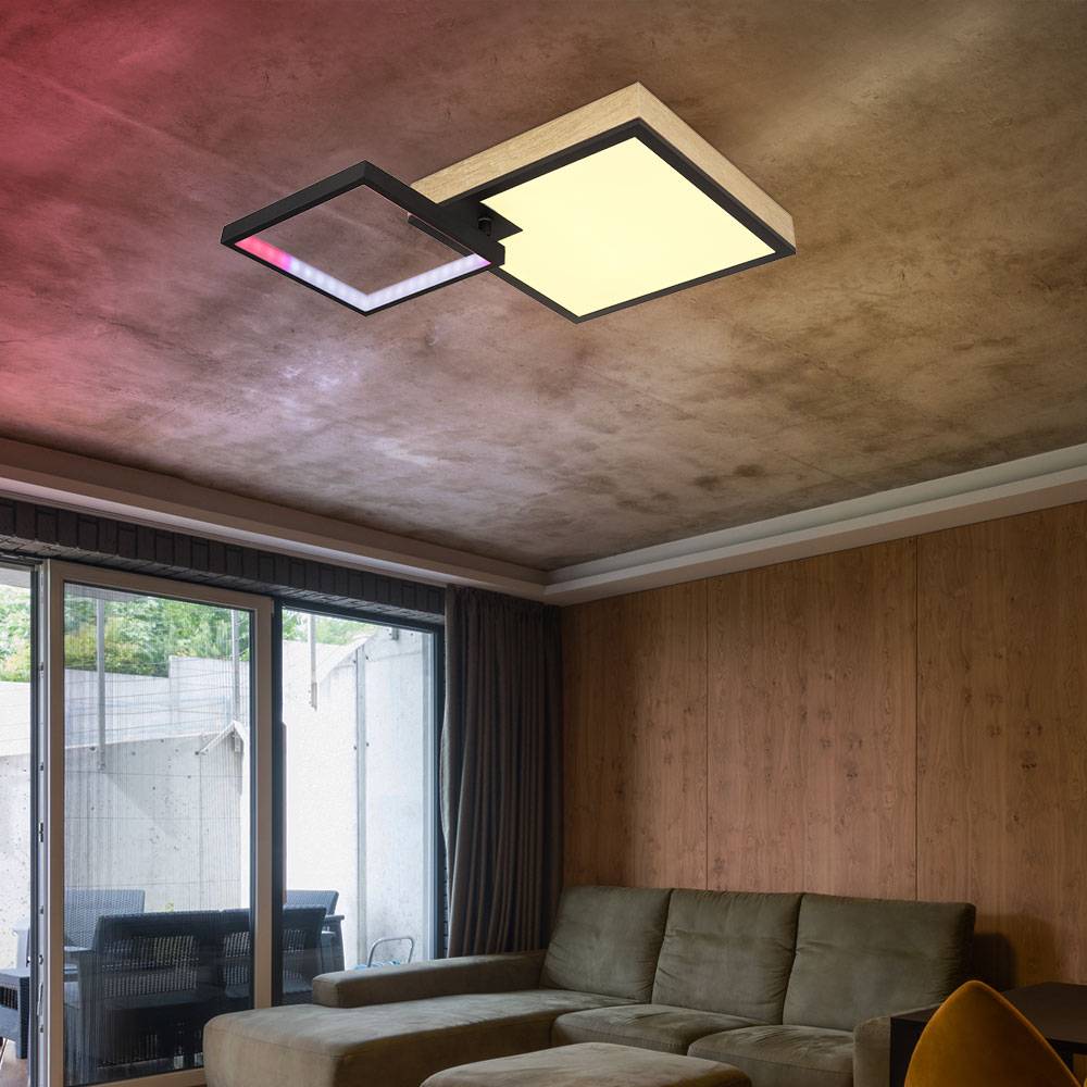 Deckenlampe Deckenleuchte Designleuchte Holzlampe Wohnzimmerleuchte, Rainboweffekt dimmbar Fernbedienung beweglich CCT, LED 21W 1000L