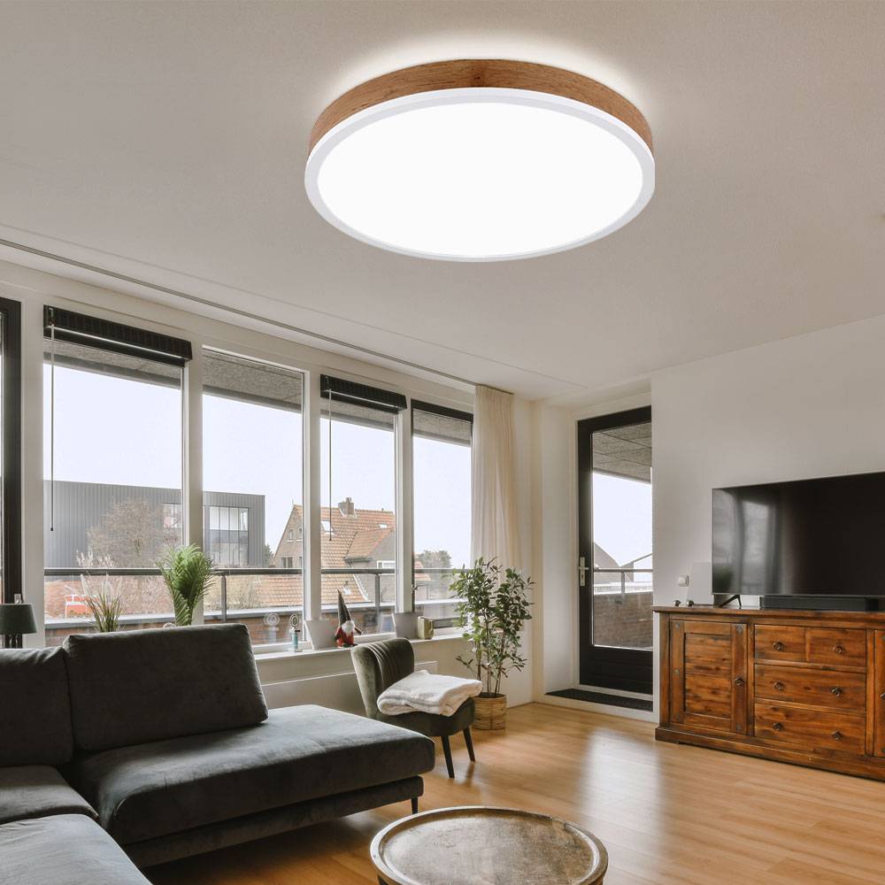 Deckenleuchte Wohnzimmerleuchte Deckenlampe Esszimmerleuchte Flurlampe rund, Metall weiß Kunststoff opal Holzoptik MDF, 1x LED 24W 1800Lm 3000K