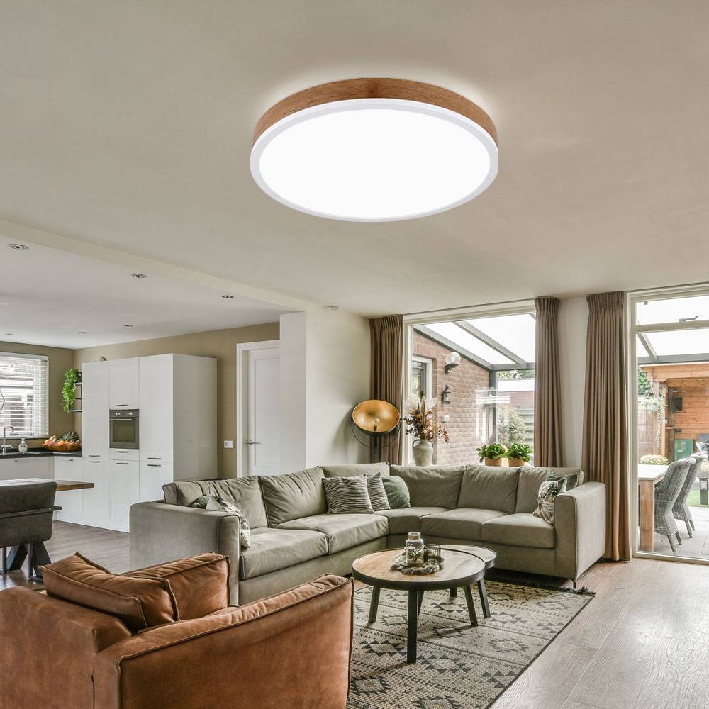Deckenleuchte Wohnzimmerlampe Deckenlampe Esszimmerlampe Flurleuchte rund, Metall weiß Kunststoff opal Holzoptik MDF, 1x LED 24W 1800Lm 3000K