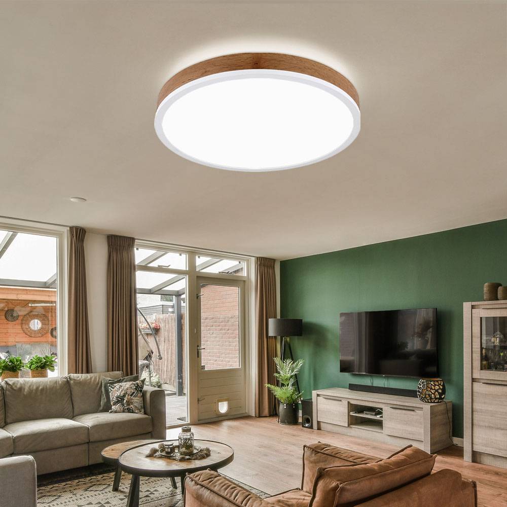 Deckenleuchte Wohnzimmerlampe Deckenlampe Esszimmerleuchte Flurlampe rund, Metall weiß Kunststoff opal Holzoptik MDF, 1x LED 24W 1800Lm 3000K