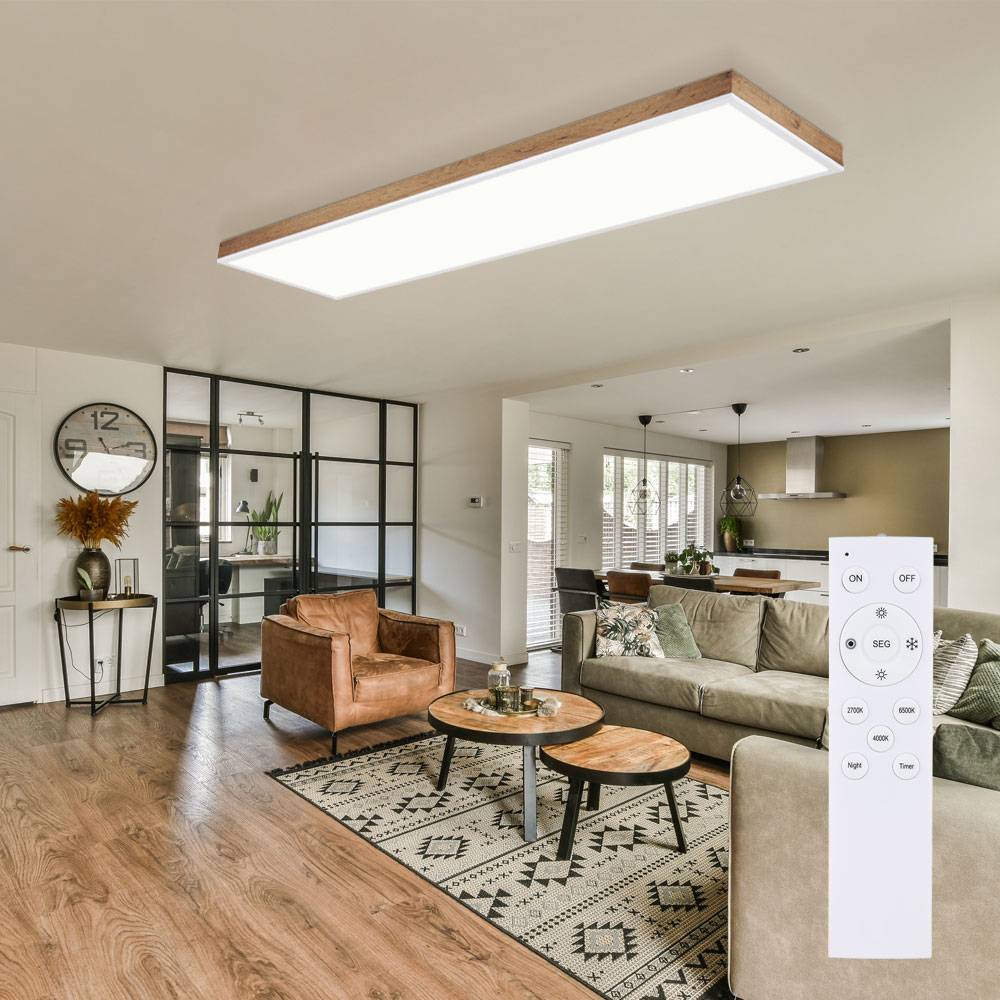 LED Deckenlampe Wohnzimmerleuchte Deckenleuchte Esszimmerleuchte, Alu Kunststoff Holzoptik weiß MDF, Fernbedienung dimmbar CCT Memory/-Nachtlicht