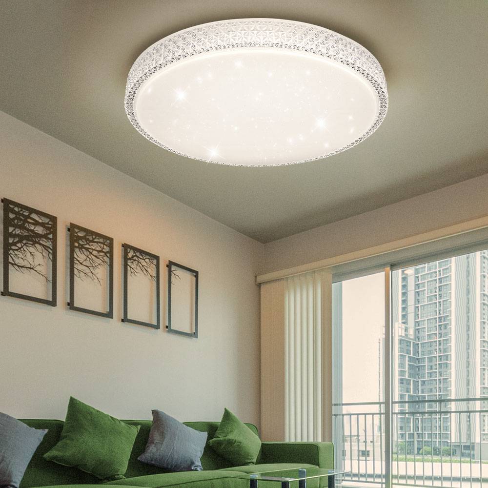 Deckenlampe Deckenleuchte Schlafzimmerlampe Wohnzimmer, Sterneneffekt CCT dimmbar Fernbedienung, Metall Kristalle weiß, 1x LED 40W 3200Lm warmweiß-k